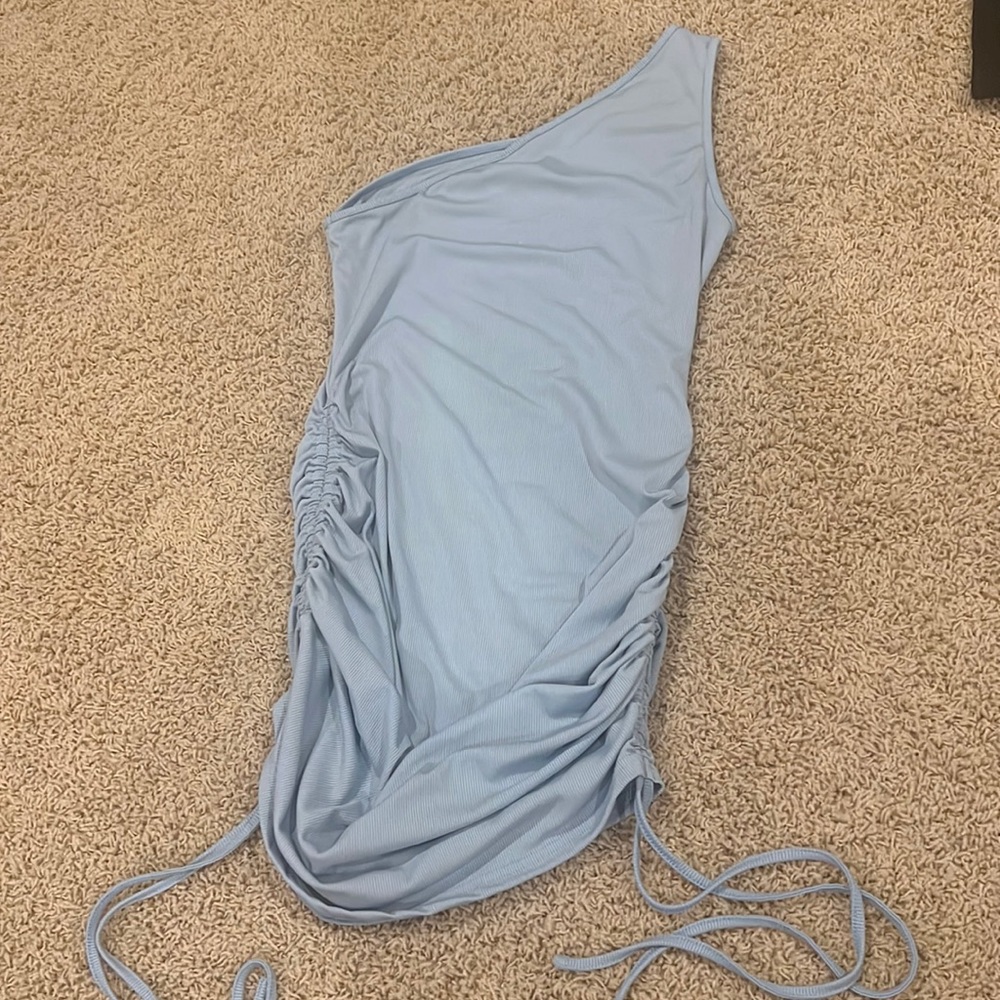 one shoulder sky blue shein mini dress